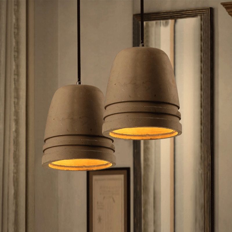 Brown 1-Light Light Fixture Industrial Cement Bell Shape Hanging Ceiling Light for Bedroom