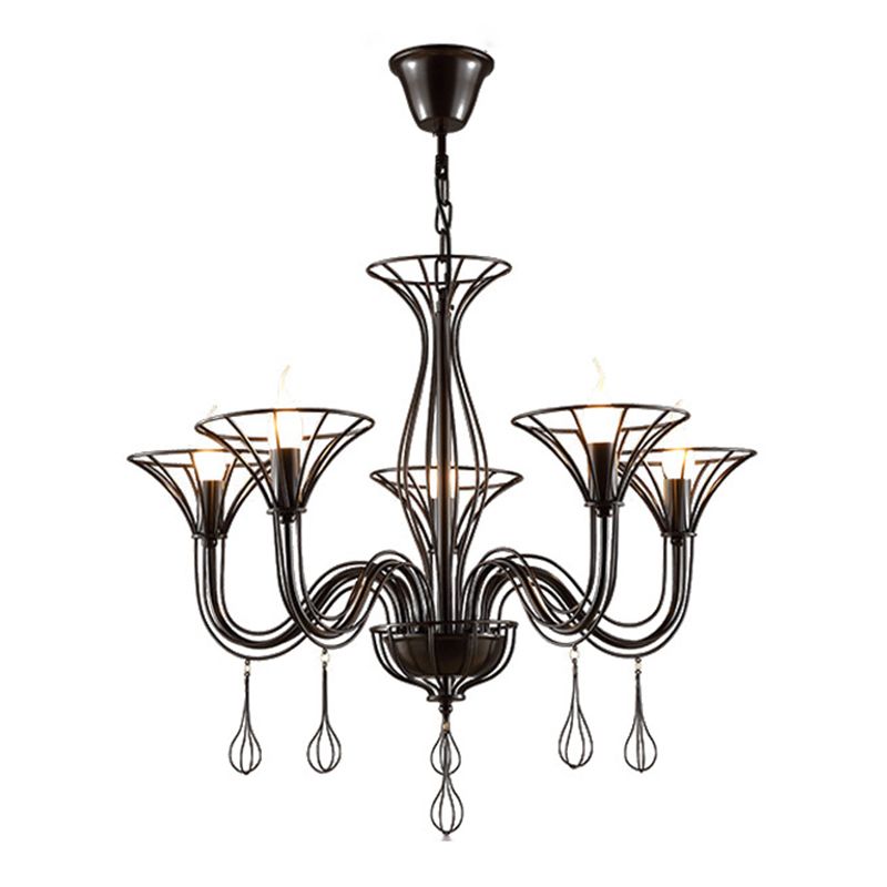 Shaded Metal Hanging Chandelier Vintage-Style Living Room Chandelier Light Fixture in Black