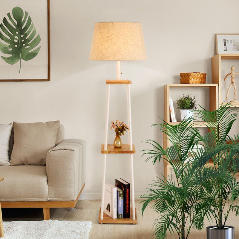 Cono de tela/tambor/luz de piso cónica moderna 1 bulbo negro/blanco/madera lámpara de pie con mesa/rejilla de almacenamiento para sala de estar