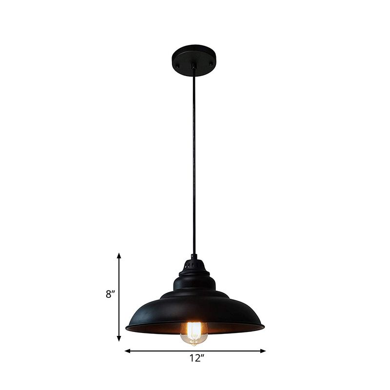 1 Light Dining Room Suspension Light Industrial Style Black Hanging Lighting with Bowl Metallic Shade