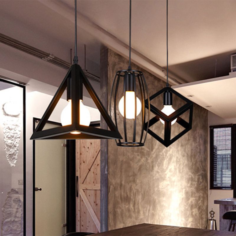 Vintage Geometric Pendant Ceiling Light Single-Bulb Metal Suspension Lamp in Black