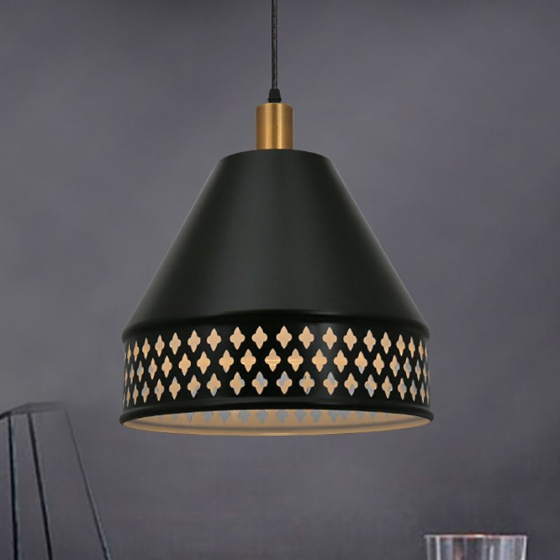 Conic Hanging Light Fixture Industrial Style Metal 1 Head Black Pendant Lighting with Hollow Out Design