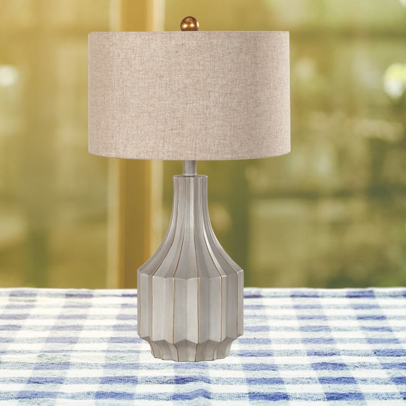 1-Light Drum Table Lamp Countryside White/Beige Fabric Reading Book Lighting with Ridged Vase Base