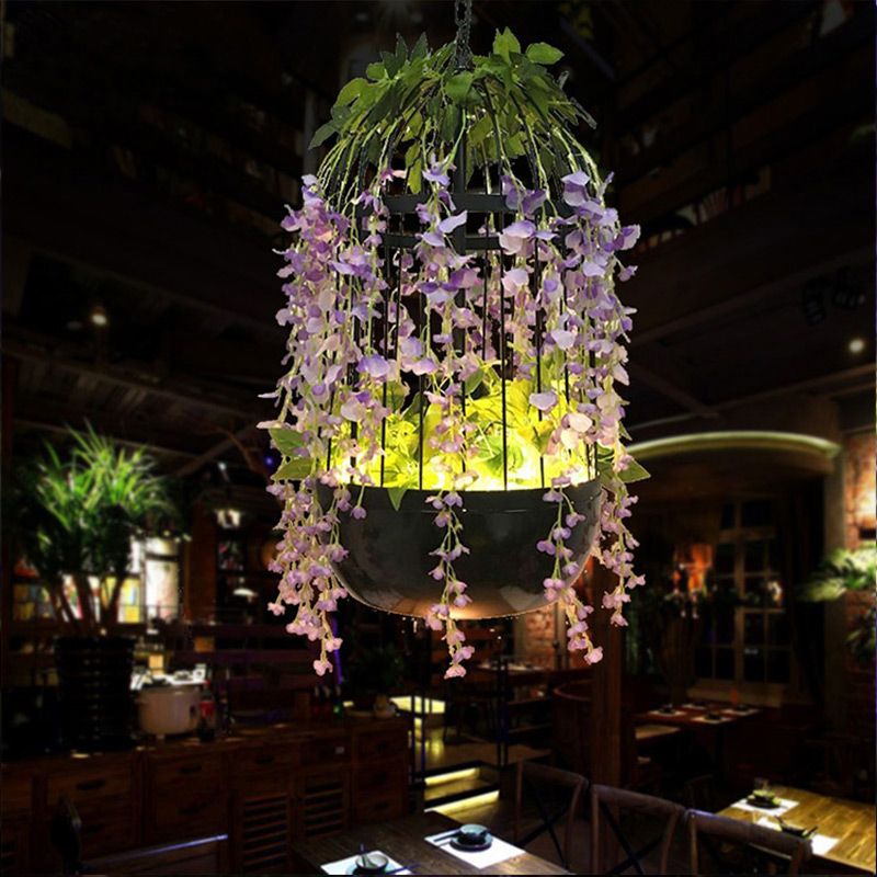 Birdcage Restaurant Pendant Ceiling Light Retro Metal 1 Head Black LED Drop Lamp with Flower Decor