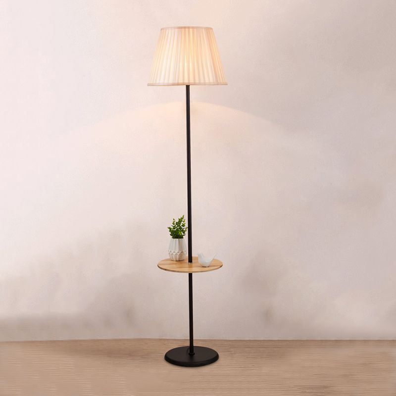 Nordic Style Iron Floor Lamp Cloth Shade Bulb Floor Light with Wooden Table for Bedroom