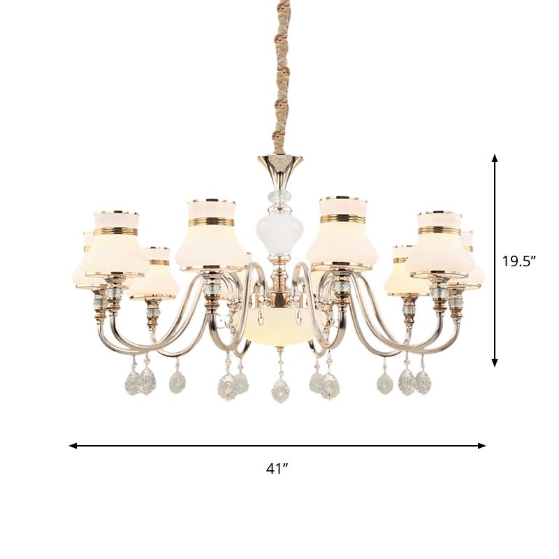 10-Light Flared Ceiling Chandelier Modern Gold Frosted Glass Pendant Lamp with Crystal Draping