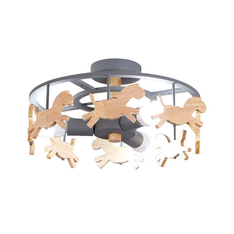 Iron Round Semi-Flush Ceiling Light Macaroon 3-Bulb Grey/White/Green Flush Mount Lamp with Wooden Horse Design