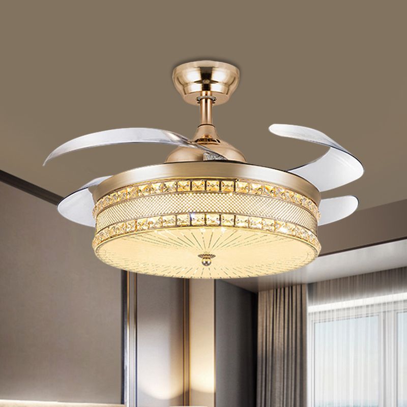 Faceted Crystal Drum Pendant Fan Light Modernist 19" Width LED Gold Semi Flush Lamp with 4 Blades