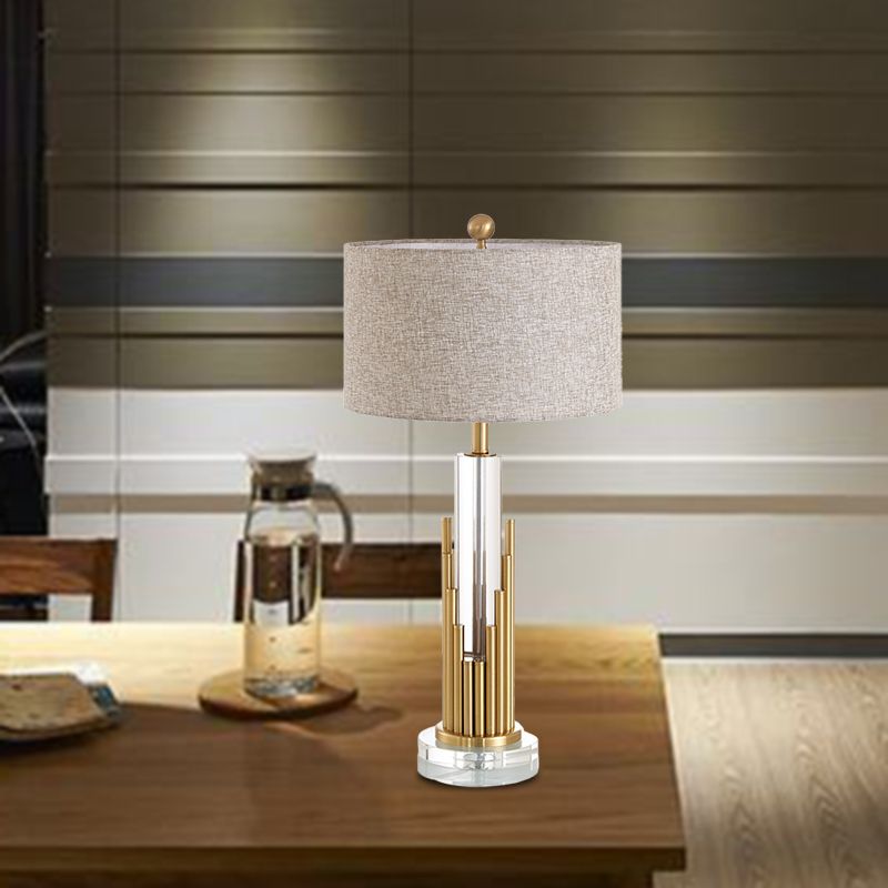 Modern Column Table Lamp Clear Crystal 1 Head Desk Light in Gold with Fabric Shade