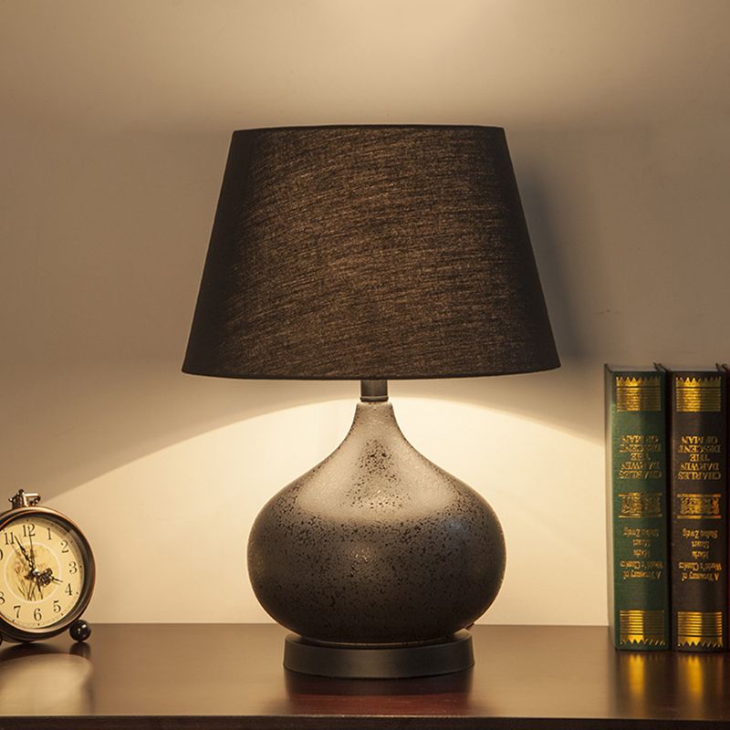 1-Light Night Lamp Farm Style Teardrop Ceramic Table Lighting with Drum Fabric Shade in Black