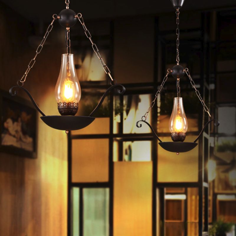 Cup Shape Restaurant Pendululum Lampe Warehouse Verre transparent 1-Bulb Black Chain Design Suspension Lighting