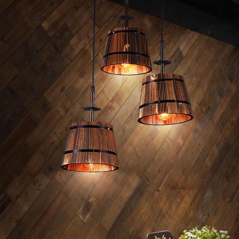 Distressed Wood Pail Pendant Light Fixture Vintage Wood Restaurant Hanging Light