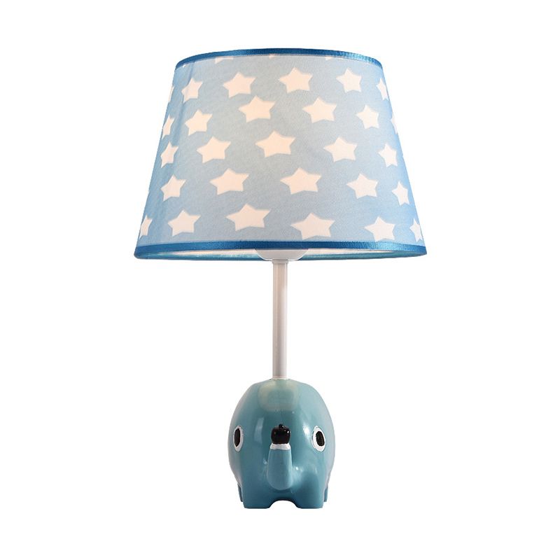 Cartoon Tapered Table Lighting Patterned Fabric 1-Light Child Room Nightstand Lamp with Resin Elephant in Blue