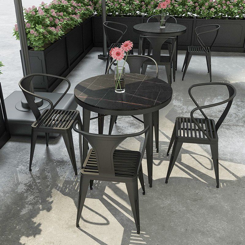 Outdoor Black Stone and Iron Patio Table Contemporary UV and Rust Resistant Dining Table