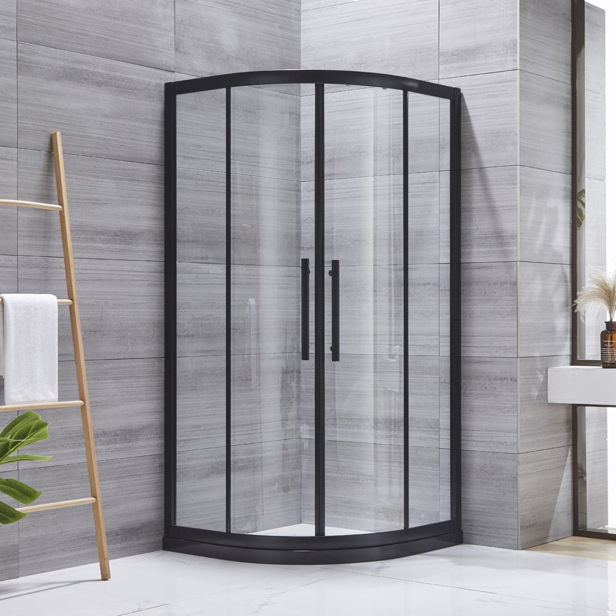 Neo-round Double Sliding Shower Enclosure Black Frame Shower Kit