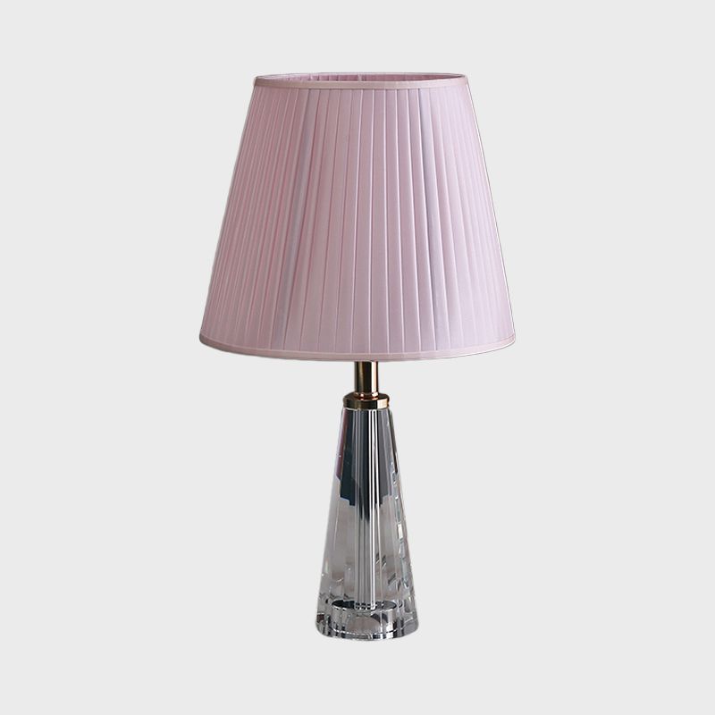 1 Light Conical Desk Lighting Minimalism Clear Crystal Nightstand Lamp in Grey/Pink/Blue with Pleated Shade