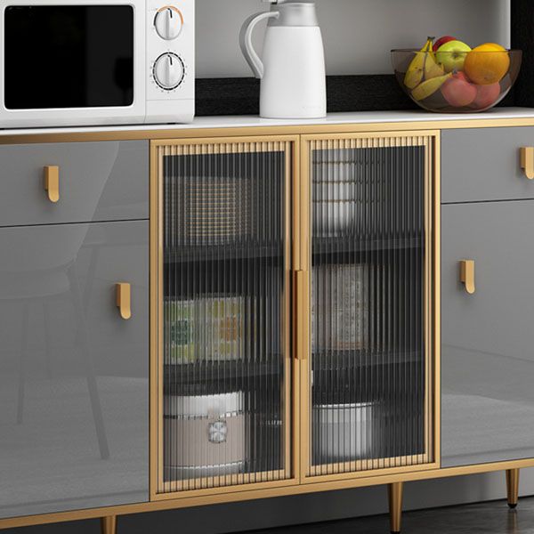 Contemporary Dining Hutch Glass Doors Faux Wood Storage Cabinet for Dining Room