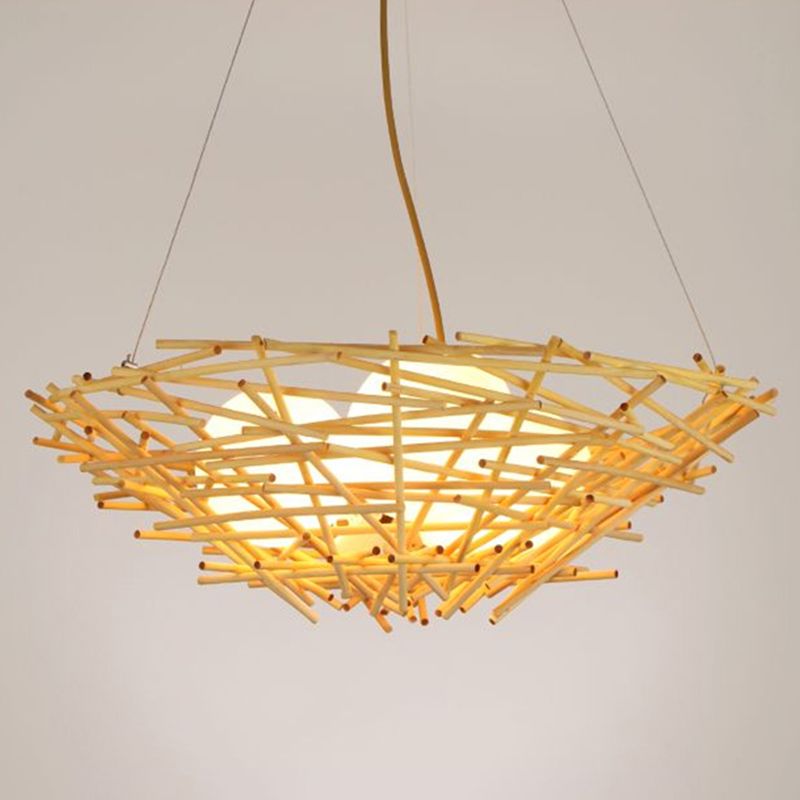 Bamboo Nest Pendant Light Light Rustique 3-BULB Chandelier beige avec œuf en verre ivoire