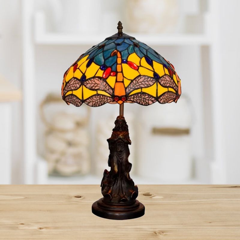 Mediterranean Dragonfly-Flower Table Lamp Single Blue/Yellow/Blue-White Night Stand Light with Angel Pedestal