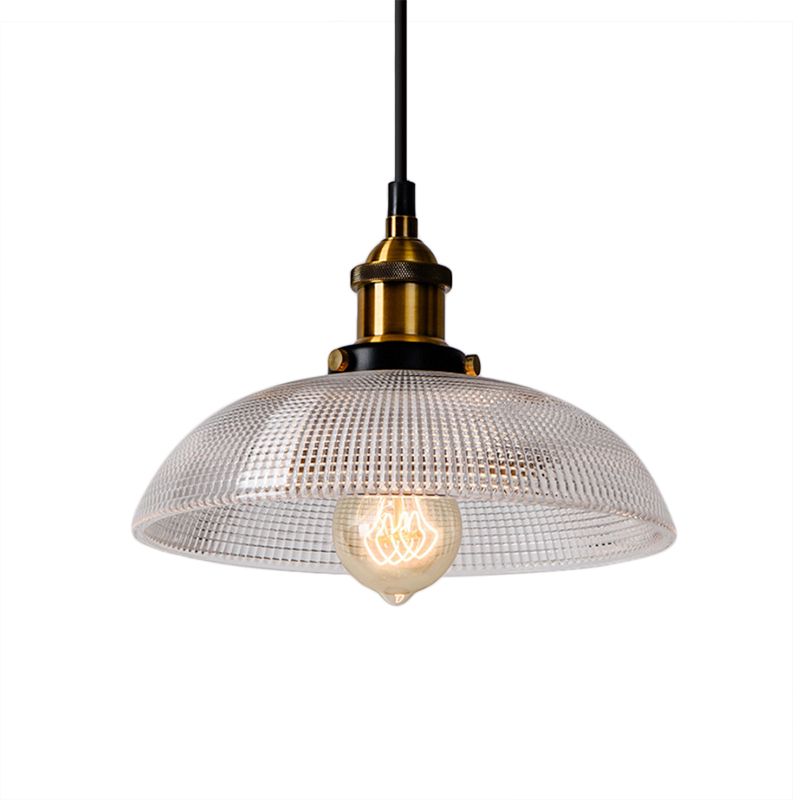 Grid Glass Brass Ceiling Light Bowl/Dome/Saucer Shade 1-Light Industrial Hanging Light Fixture for Kitchen