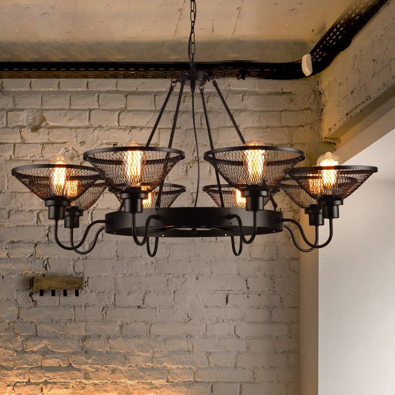 Conical Mesh Shade Chandelier Industrial Black Metallic Suspended Lighting Fixture for Restaurant