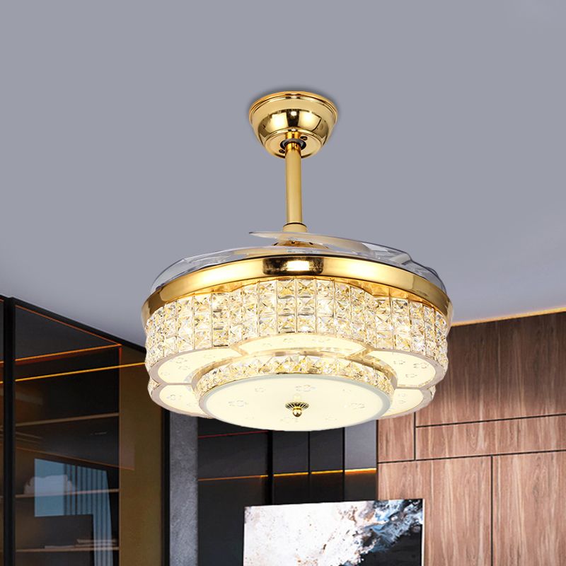 Flower Drawing Room Pendant Fan Lighting Faceted Crystal LED Modernism Semi Flush Light in Gold with 4-Blade, 19" W