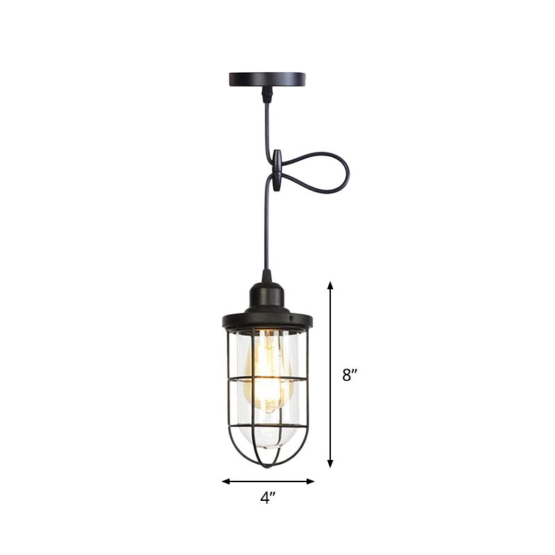 1 Light Hanging Ceiling Light Antiqued Cage Clear Glass Pendant Lamp Fixture in Black with Adjustable Cord