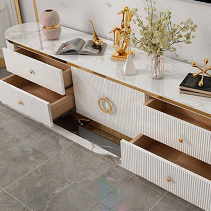 Glam Gloss TV Stand White Stone TV Console with Drawers and Cabinet