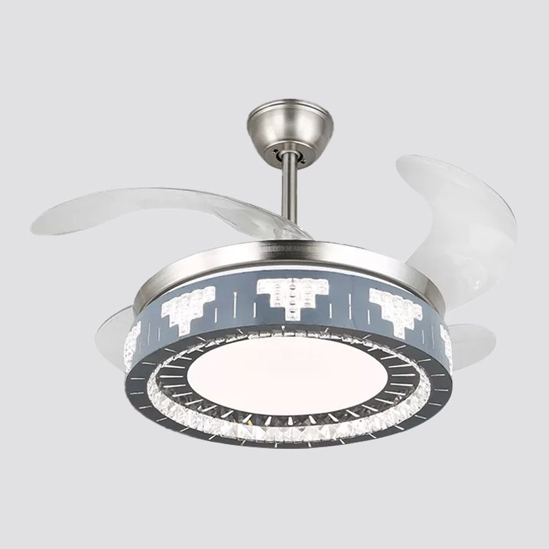 4-Blade Faceted Crystal Round Pendant Fan Light Modernity LED Silver Semi Mount Lighting, 19" Wide