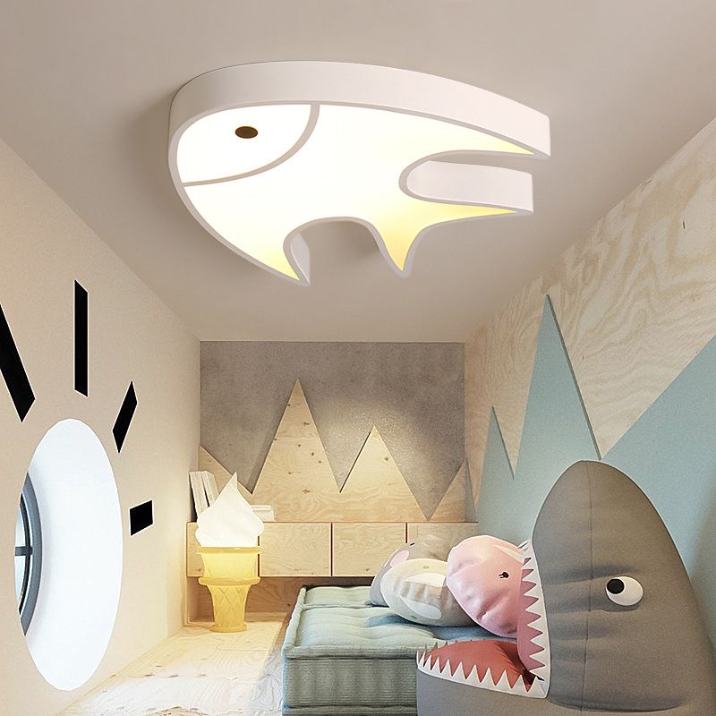 Kids Fish Shaped Ceiling Light Metal & Acrylic Flushmount Light in White for Kindergarten