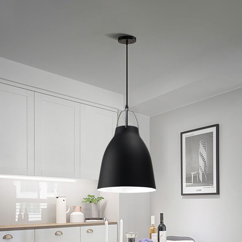 1-Bulb Restaurant Ceiling Hang Light Macaron Black/Pink/Blue Pendant Light with Bell Aluminum Shade