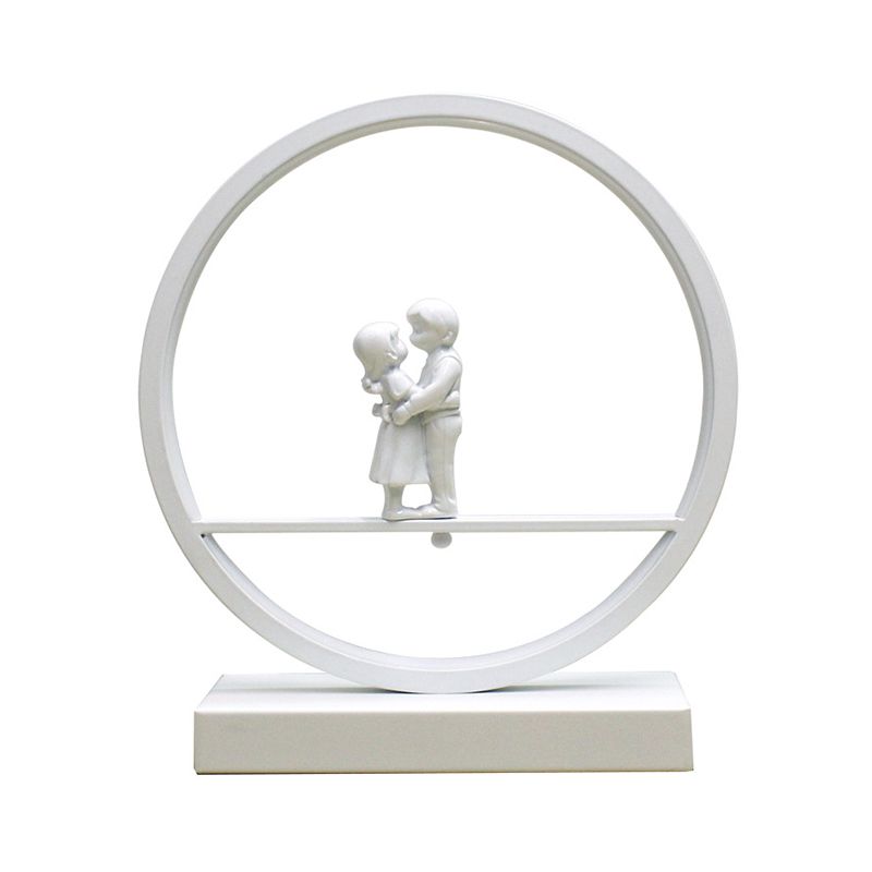 Black/White Hoop Nightstand Light Simple Romantic Acrylic Table Lamp in Warm/White Light with Lover Statuette