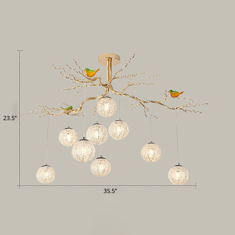 Ball Tree LED Chandelier Artistic Aluminum Wire Gold Hanging Lamp with Bird Decorations