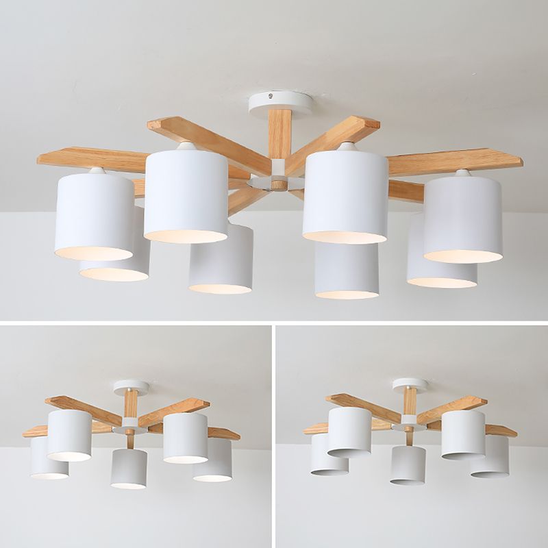 Contemporary Simplicity Solid Wood Ceiling Light Metal Cylindrical Shade Semi Flush Mount Lamp for Living Room