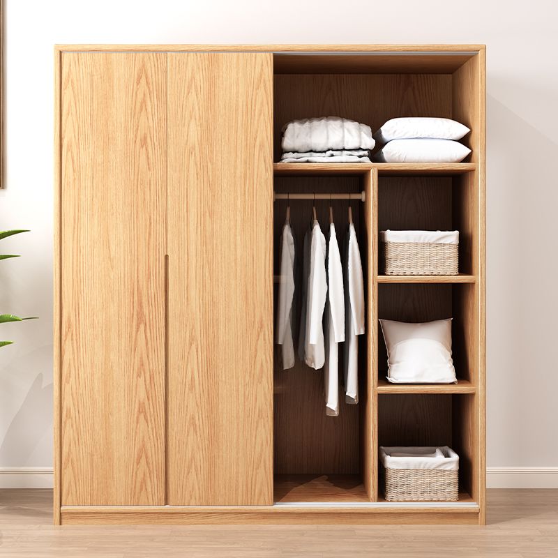 Oak Solid Wood Kids Closet Modern Style Brown Wardrobe Closet with Sliding Door