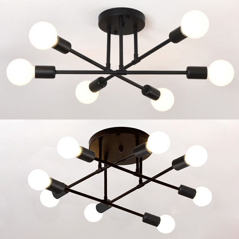 Bare Bulb Modern Minimalist Ceiling Lamp Multi-lights Metal Semi Flush-mount Light for Restaurants Coffee shop