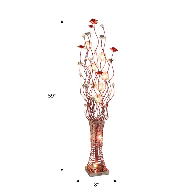 Metallic Red Floret Floor Lighting Trapezoid LED Art Decor Stand Up Lamp with Tree Branch Design