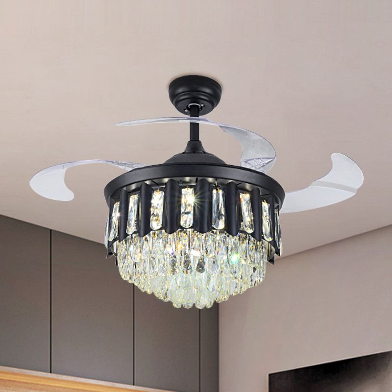 19" W Modern Tapered Semi Flush Mount Hand-Cut Crystal LED Parlor Pendant Fan Light in Black with 4 Blades