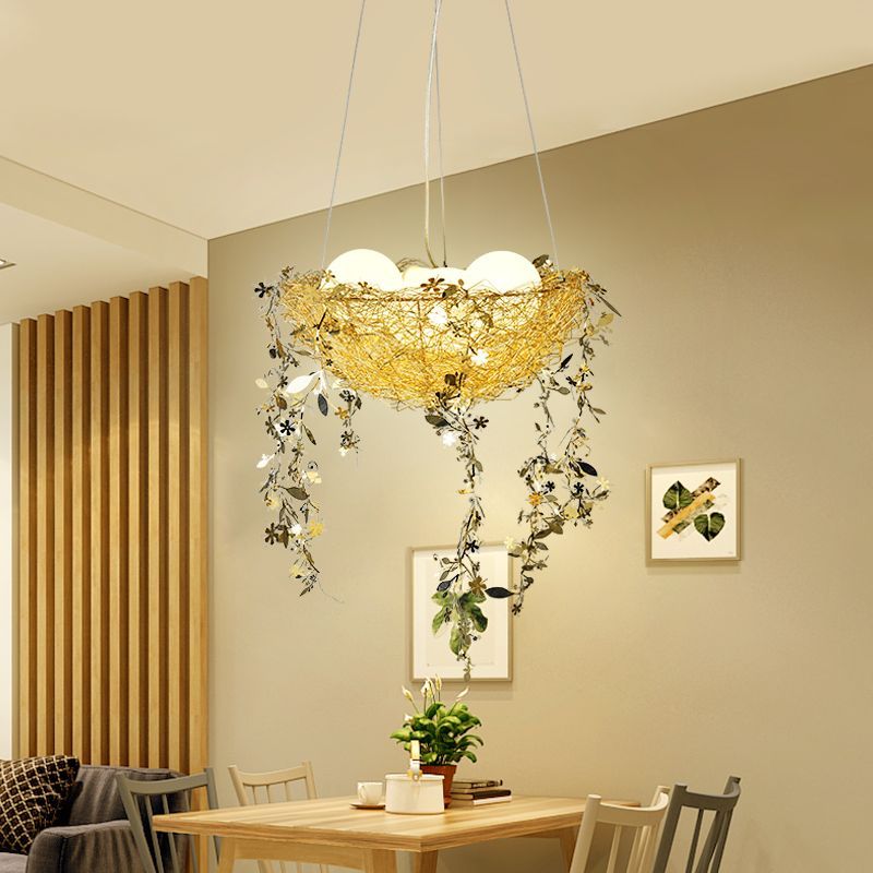 Nest Metal Chandelier Lighting Art Deco 4 Lights Silver/Gold Hanging Ceiling Lamp with Milk Glass Globe Shade