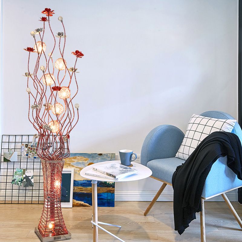 Metallic Red Floret Floor Lighting Trapezoid LED Art Decor Stand Up Lamp with Tree Branch Design