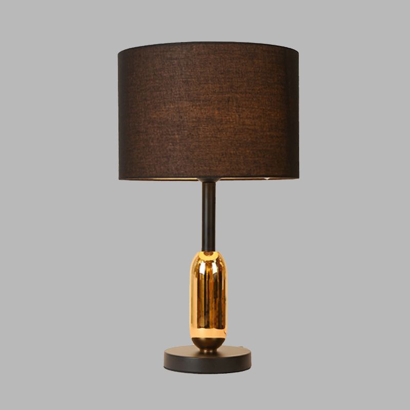 Black Drum Nightstand Light Modernist 1 Light Fabric Plug In Desk Lamp with Brass Capsule Detail