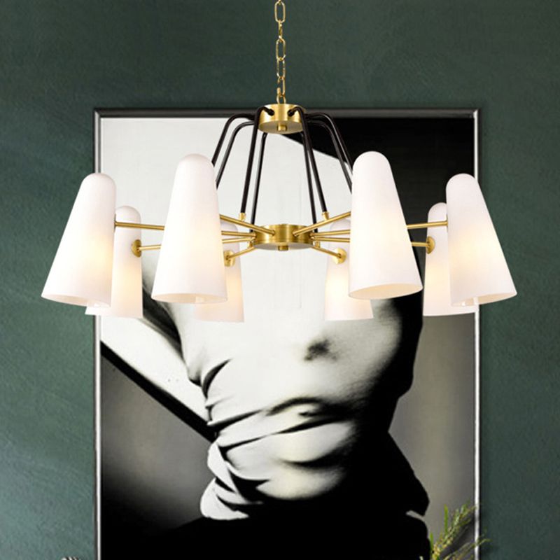 Postmodern Cone Opal Glass Hanging Lamp 6 Lights Ceiling Chandelier in Gold