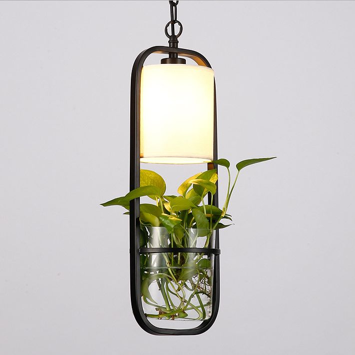 Industrial Cylinder Pendant Lamp 1 Light Metal Hanging Light Fixture Without Plants in Black