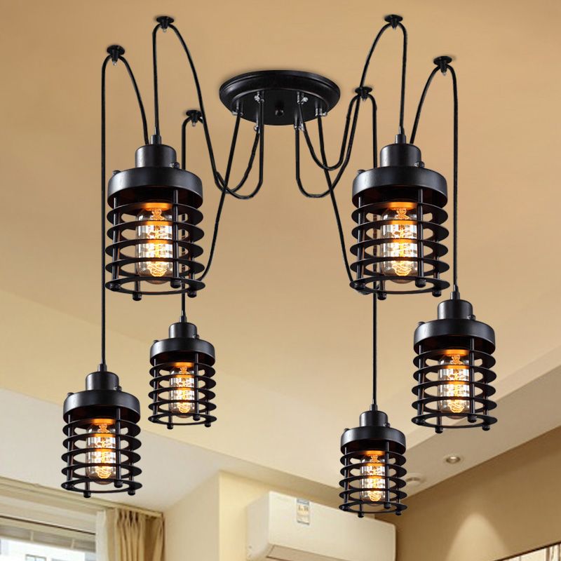 Lanterne d'usine Swag Pendant Light 6 Heads Metal Multi Hanging Light en noir pour le salon