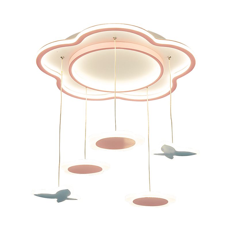 Flower Shape Metallic Multi Ceiling Light Contemporary 5 Lights Pink LED Pendulum Lamp for Girl Room