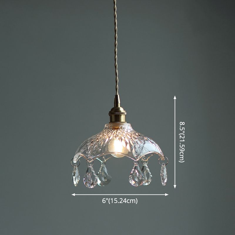 Plafond en laiton 1 tête de plafond vintage en verre transparent pendentif fleur de fleur avec des cristaux en larmes