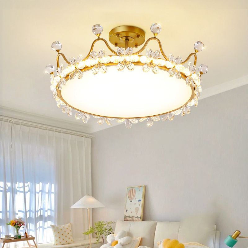 Gold LED Semi Flush Mount Chandelier Metal Ceiling Semi Flush with Crystal Accents