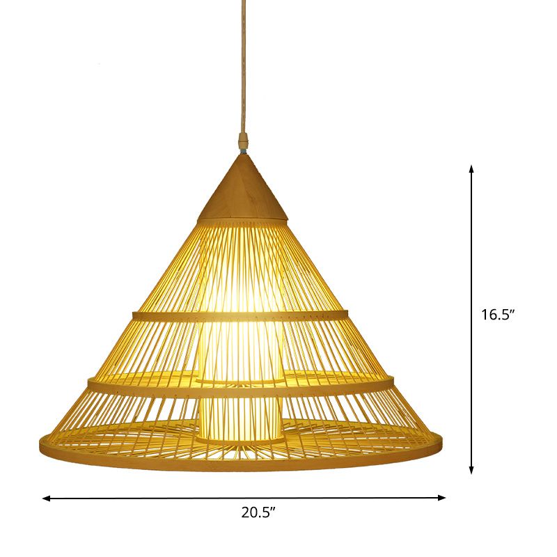 Asian Style Single Head Ceiling Pendant Light Beige Wide Flare Suspended Lighting Fixture with Bamboo Shade