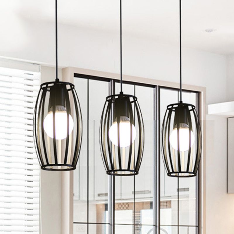 Black Barrel Shaped Hanging Lighting Industrial Bistro Cage Suspension Pendant Lamp