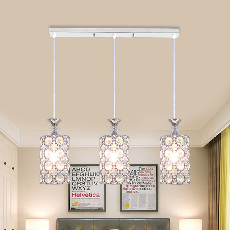 3 Lights Restaurant Hanging Ceiling Lamp Modern Silver Cluster Pendant with Cylinder Crystal Encrusted Shade